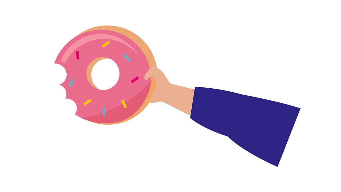 Illustration einer Hand, die einen angebissenen Donut hält.