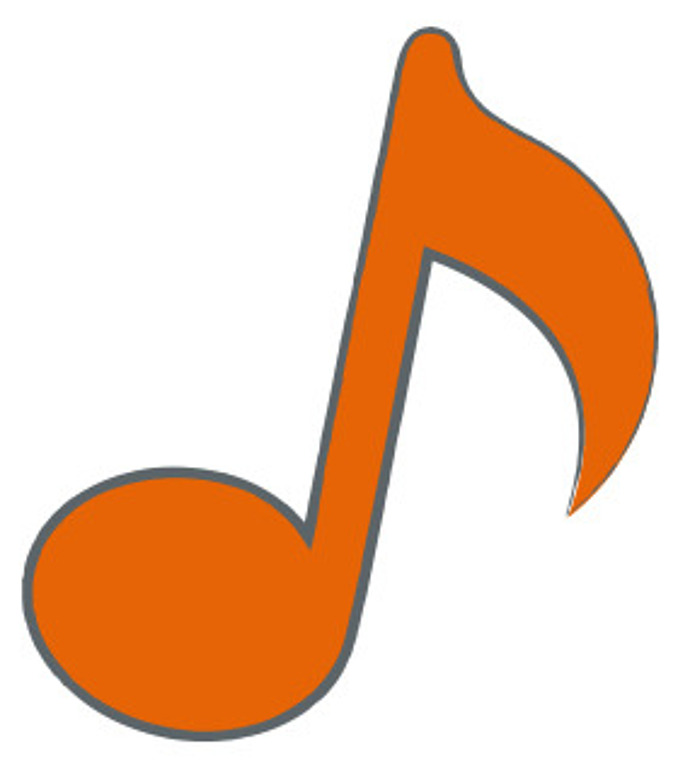 Ein orangefarbenes Musiknotensymbol mit runder Basis und gebogenem Stiel, zentriert auf weißem Hintergrund.