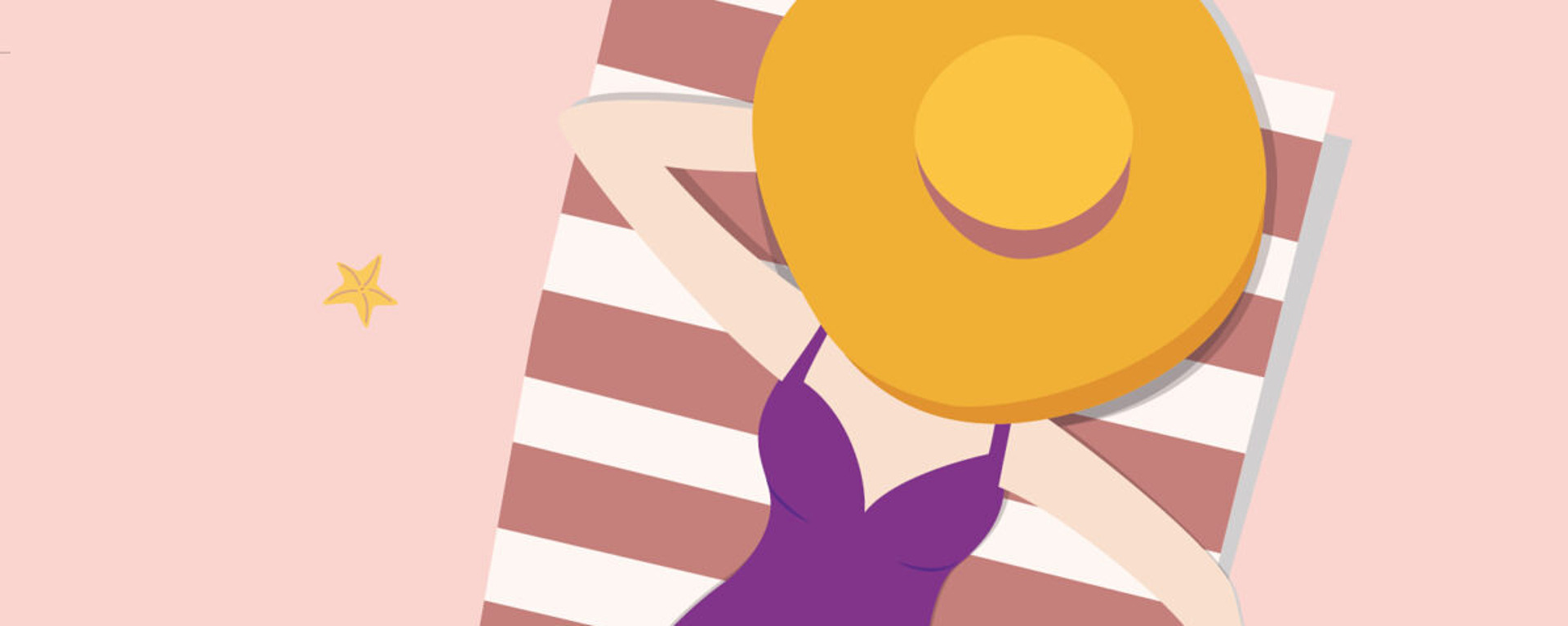 Illustration einer Frau in einem lila Badeanzug und einem breitkrempigen gelben Hut, die sich auf einem gestreiften Strandtuch ausruht, mit Seesternen, die auf einem rosa Hintergrund verstreut sind.