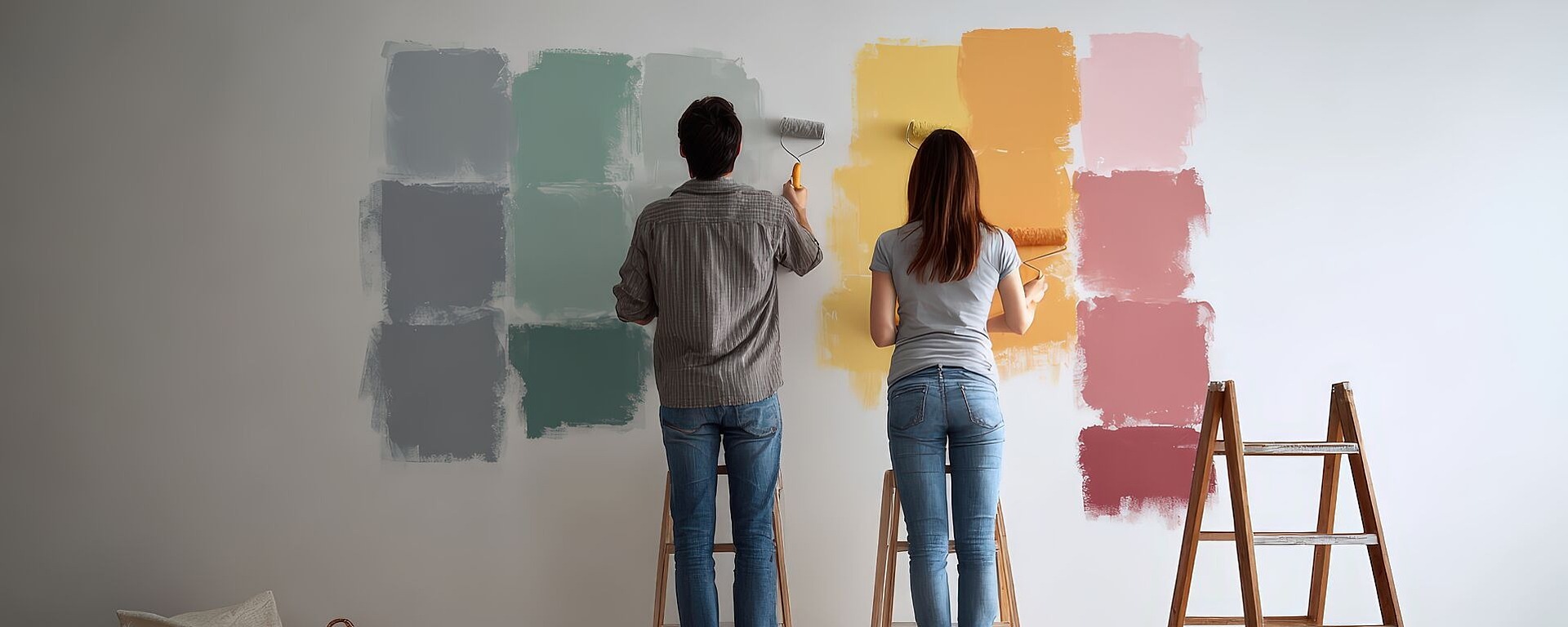 Ein Mann und eine Frau stehen auf Leitern und malen Farbmuster auf eine weiße Wand. Auf dem Boden liegen Farbmuster, Pinsel und ein Abdecktuch, daneben stehen Körbe und Stoffe. Sie testen verschiedene Schattierungen von Grün, Blau, Grau, Gelb, Pfirsich und Rot.