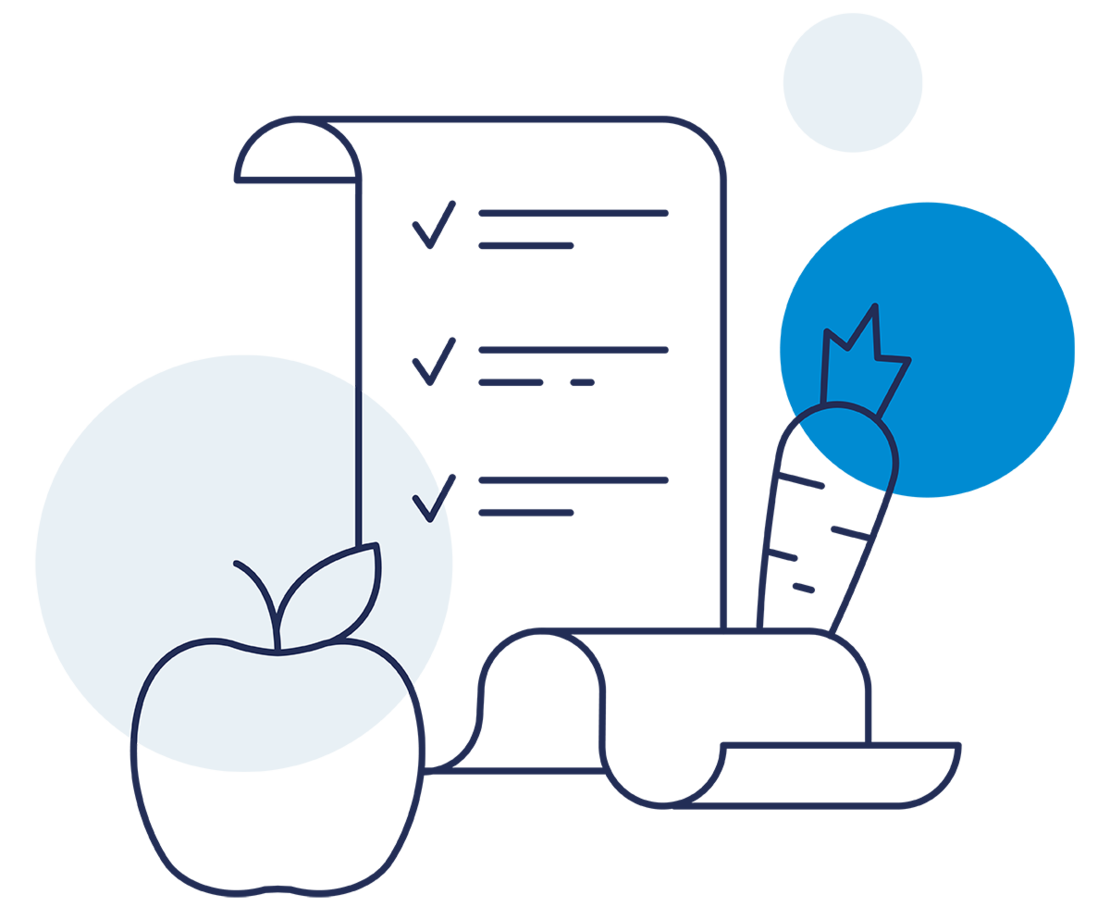 Einfache Illustration eines Apfels und eines Granatapfels, umrissen in Dunkelblau auf einem blauen und weißen abstrakten Hintergrund. Der Granatapfel hat eine kronenartige Spitze, und beide Früchte sind stilisiert und minimalistisch.