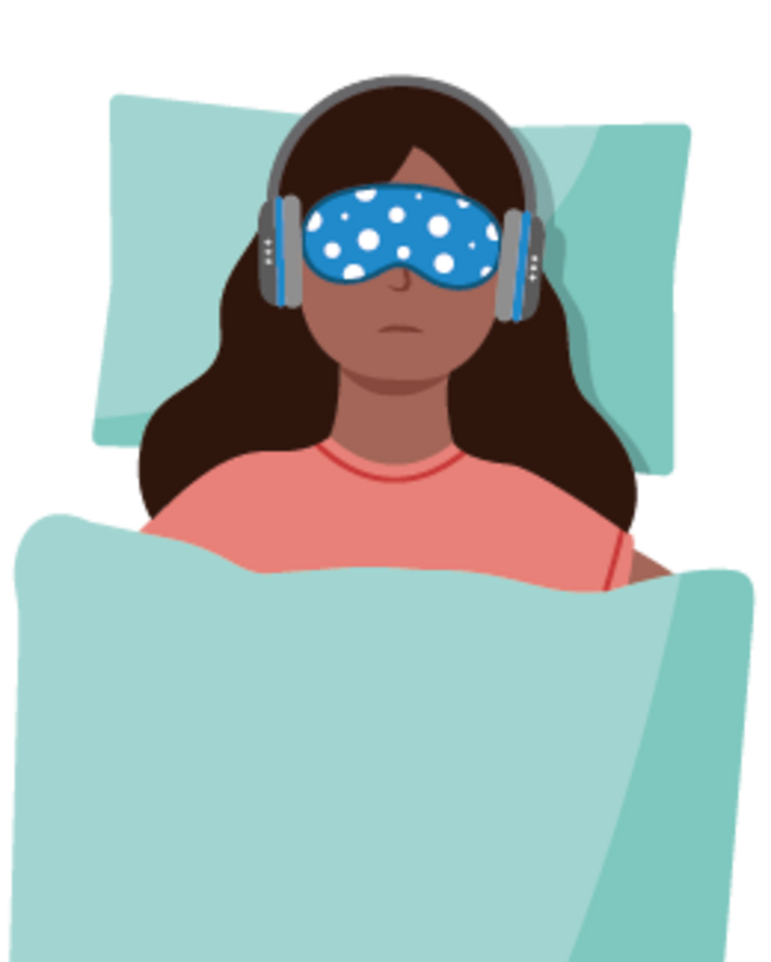 Eine Frau liegt im Bett unter einer blaugrünen Decke, trägt ein rosa Hemd, eine blau gepunktete Schlafmaske und blaue Kopfhörer und stützt ihren Kopf auf ein grünes Kissen.