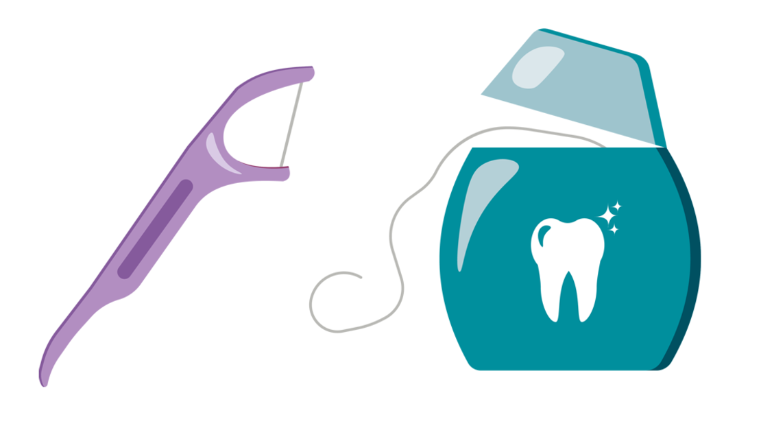 Ein lilafarbener Zahnseidenpick und ein blaugrüner Behälter mit Zahnseide mit einer weißen Zahngrafik und einem offenen Deckel, aus dem ein Stück Zahnseide herausragt.