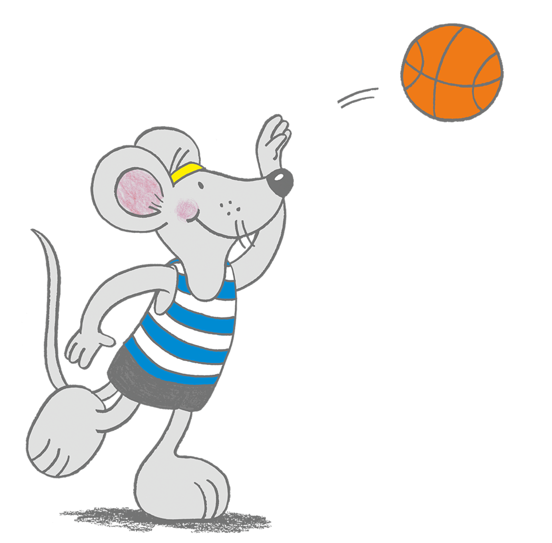 Eine Cartoon-Maus in einem blau-weiß gestreiften Tank-Top schießt einen orangefarbenen Basketball in Richtung Korb.
