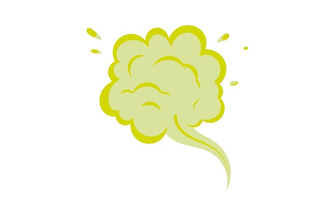 Eine grünlich-gelbe Gaswolke im Cartoon-Stil mit kleinen Tröpfchen drum herum, die an eine Rauchwolke oder einen Furz erinnern, auf einem schlichten weißen Hintergrund.