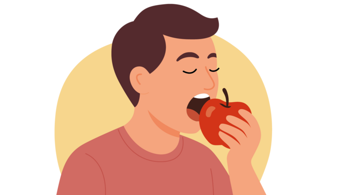 Illustration einer Person mit kurzen braunen Haaren, die ein rotes T-Shirt trägt und in einen roten Apfel beißt. Der Hintergrund ist ein hellgelber Kreis.