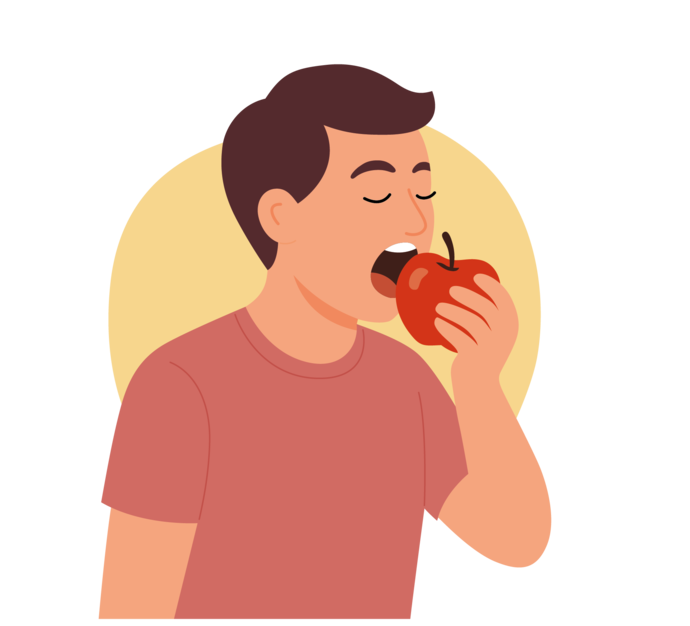 Illustration einer Person mit kurzen braunen Haaren, die ein rotes T-Shirt trägt und in einen roten Apfel beißt. Der Hintergrund ist ein hellgelber Kreis.