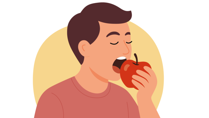 Illustration einer Person mit kurzen braunen Haaren, die ein rotes T-Shirt trägt und in einen roten Apfel beißt. Der Hintergrund ist ein hellgelber Kreis.
