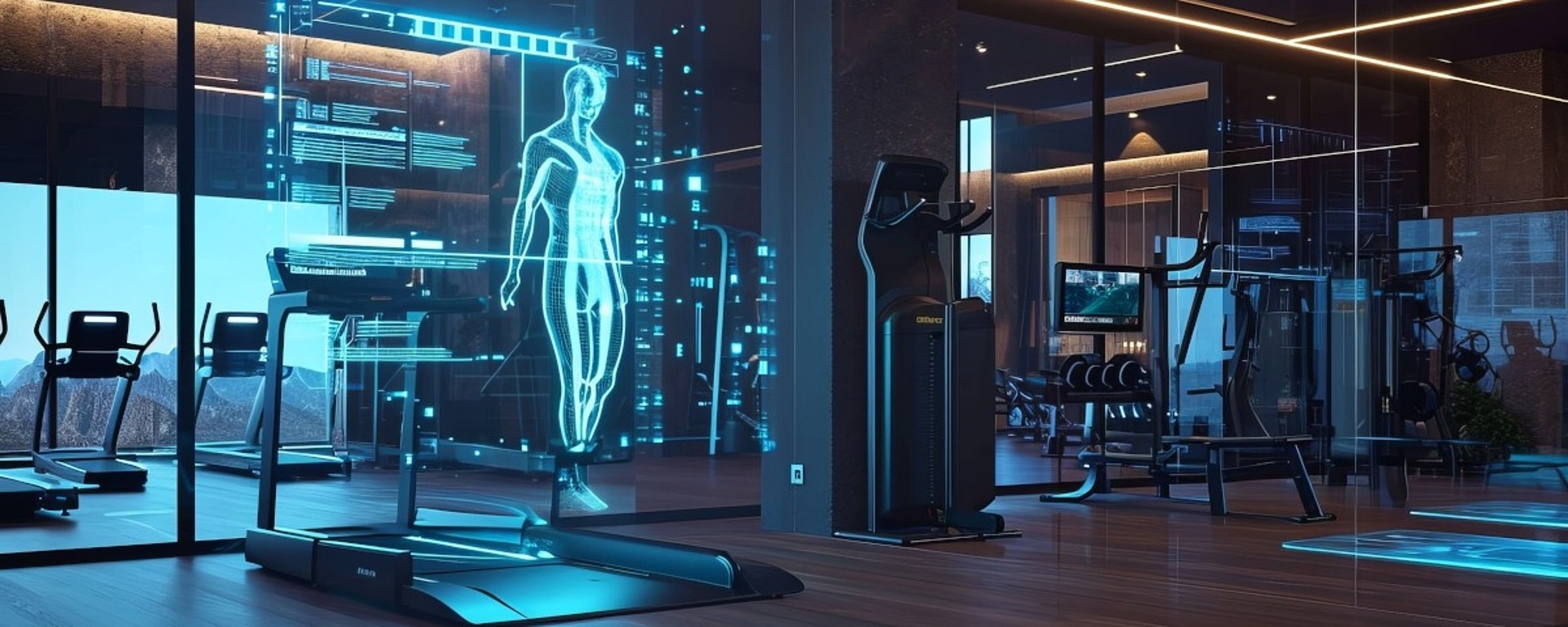 Ein futuristisches Fitnessstudio mit neonblauen Lichtern und holografischen Displays. Es umfasst Laufbänder, Heimtrainer und Gewichthebergeräte, wobei zur virtuellen Fitnessanleitung eine digitale menschliche Figur projiziert wird.