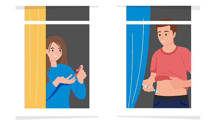 Abbildung: Eine Frau sticht sich an einem Fenster in den Finger für eine Blutuntersuchung, und ein Mann spritzt sich an einem anderen Fenster eine Spritze in den Bauch. Beide führen wahrscheinlich Aufgaben zur Behandlung ihres Diabetes durch.