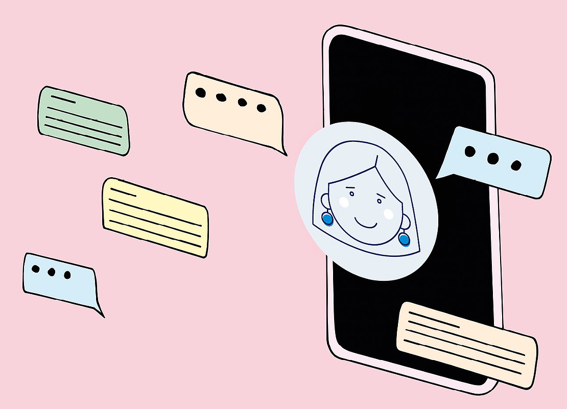 Abbildung eines Smartphones mit dem der digitalen Assistentin Vivi auf dem Bildschirm und verschiedenen Chatblasen darum herum.