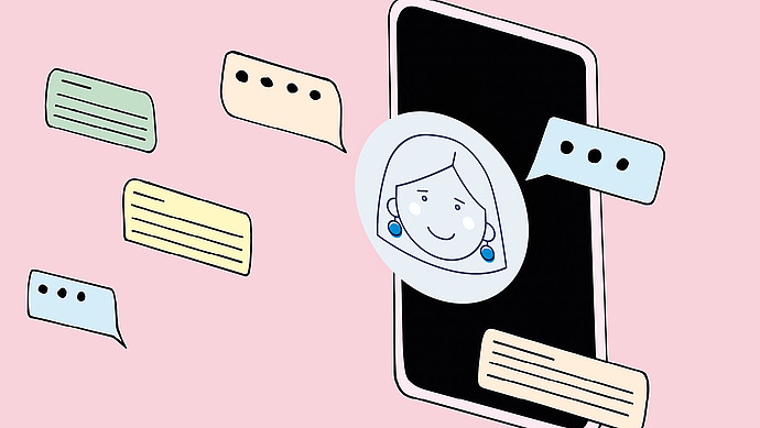 Abbildung eines Smartphones mit dem der digitalen Assistentin Vivi auf dem Bildschirm und verschiedenen Chatblasen darum herum.