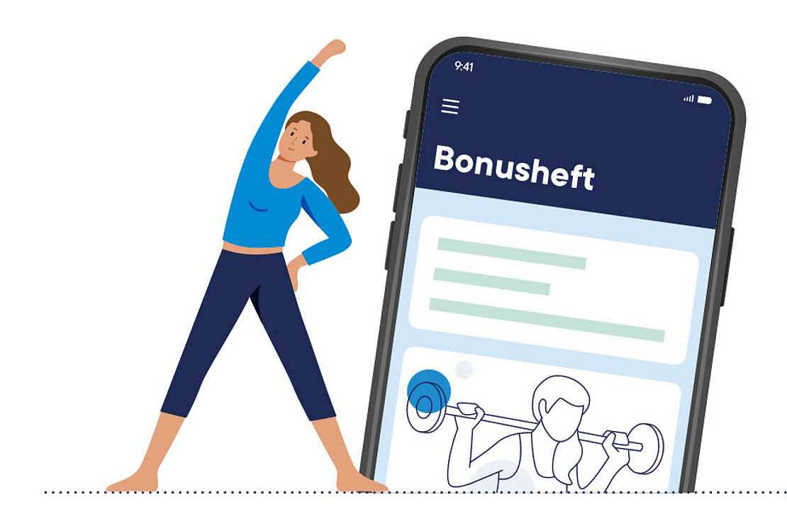 Illustration einer sportlichen Frau neben einem Smartphone mit der Bonus-Einreichung