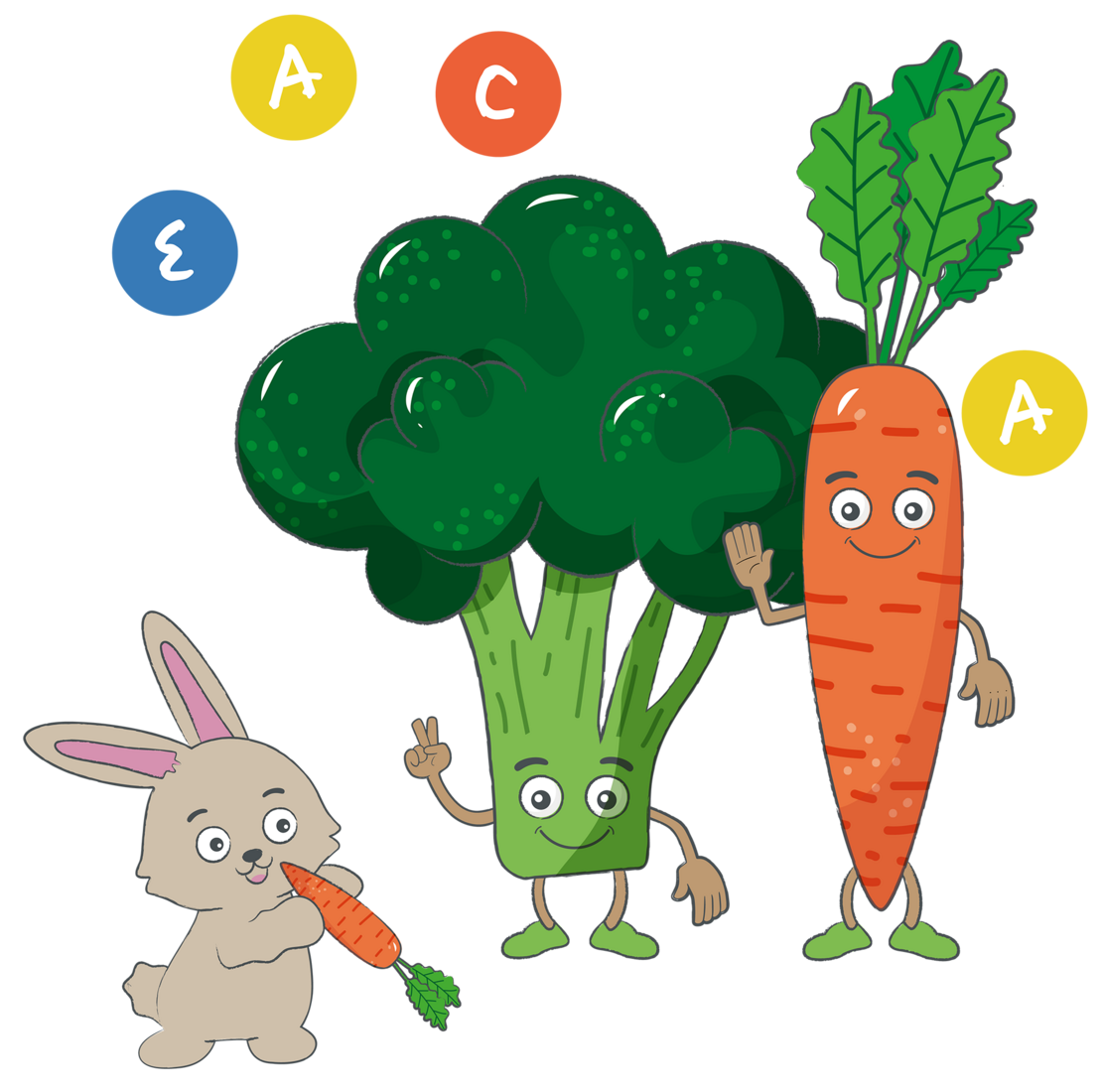 Illustration Brokkoli und Karotte mit Vitaminen