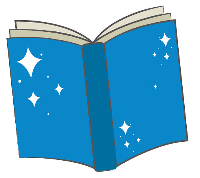 Eine Illustration eines offenen blauen Buches mit weißen glitzernden Sternen auf dem Einband und den Seiten, vor einem schlichten weißen Hintergrund.