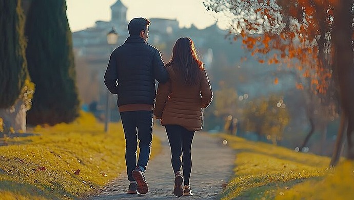 Ein Paar in Jacken spaziert an einem sonnigen Herbsttag Hand in Hand einen von Bäumen gesäumten Weg hinunter, mit orangefarbenen Blättern an den Bäumen und sanftem Sonnenlicht, das die Szene beleuchtet.