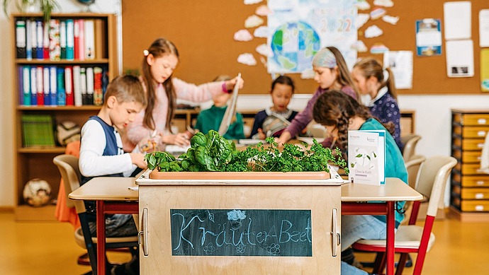 Eine Gruppe von Kindern sitzt um einen Tisch in einem Klassenzimmer und kümmert sich um einen kleinen Kräutergarten mit der Aufschrift "Kräuter-Beet". Im Hintergrund sind Bücherregale und eine Pinnwand zu sehen.