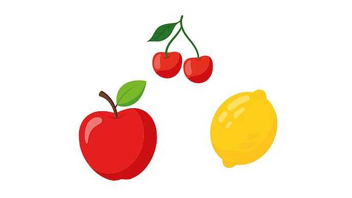 Illustration von drei Früchten auf weißem Hintergrund: ein roter Apfel mit einem grünen Blatt, zwei rote Kirschen mit grünen Stielen und Blättern und eine gelbe Zitrone.
