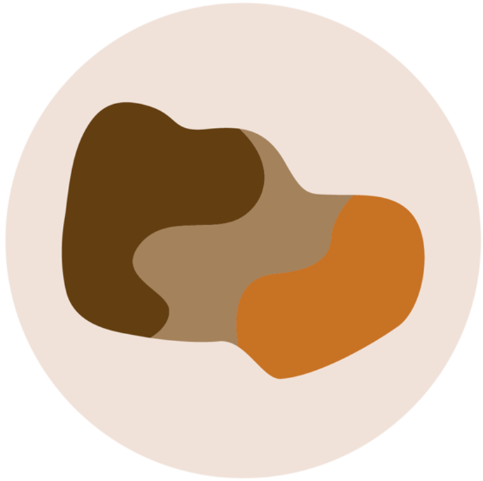 Abstrakte Illustration von drei sich überlappenden organischen Formen in Braun, Hellbraun und Orange, zentriert auf einem hellbeigen rechteckigen Hintergrund mit reichlich weißem Raum drum herum.