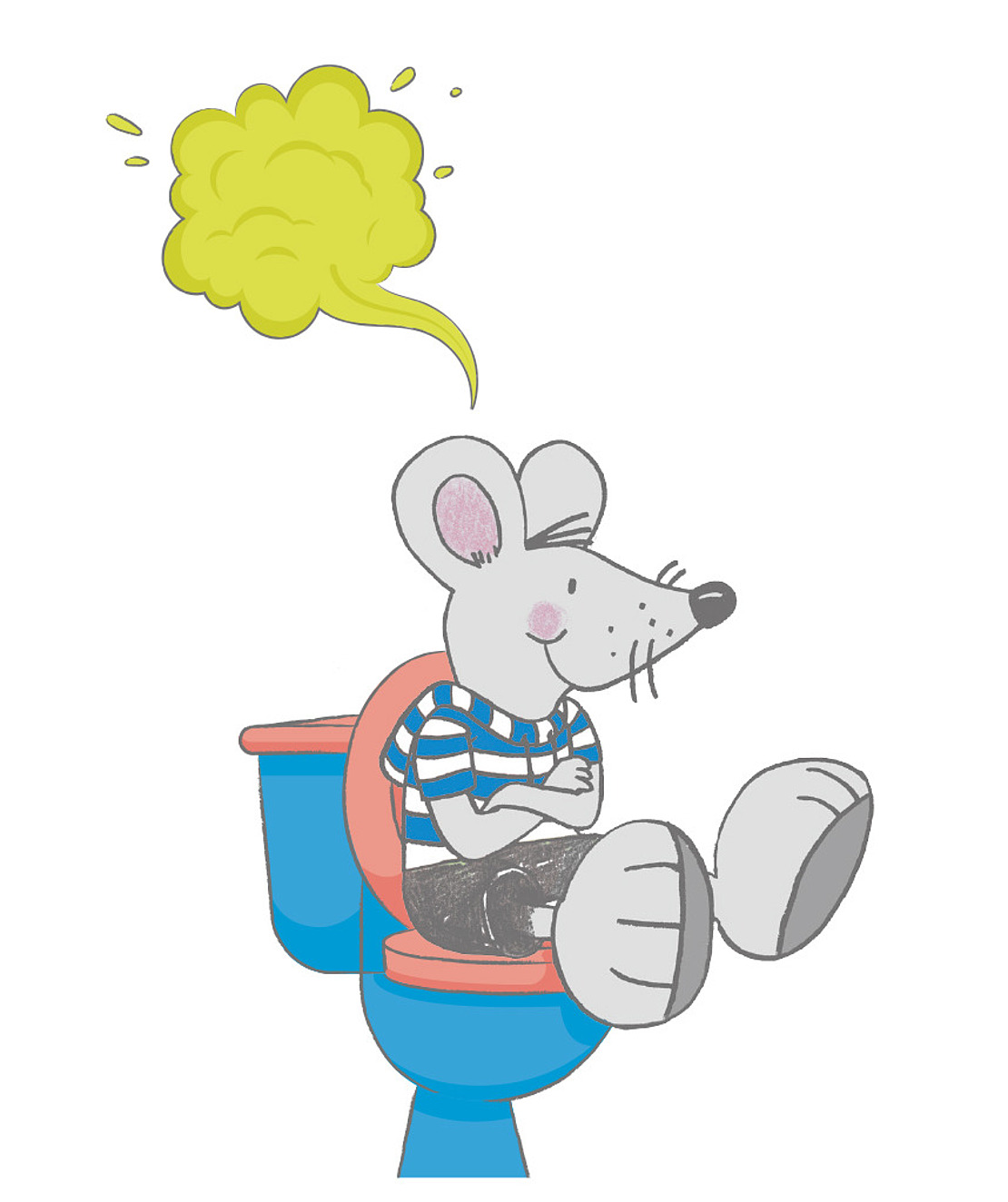 Eine Cartoon-Maus, Maskottchen Piet von der vivida bkk, in gestreiftem Hemd und Shorts sitzt entspannt mit verschränkten Armen auf einer blau-rosa Toilette. Über ihrem Kopf schwebt eine gelbe Luftblase.