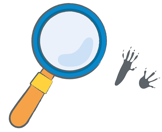 Eine Cartoon-Lupe neben zwei Tierpfotenabdrücken auf weißem Hintergrund.