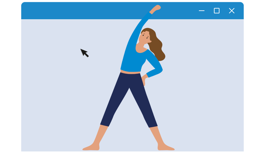 Illustration einer Frau, die sich mit einem über den Kopf erhobenen Arm streckt und barfuß in einem fensterähnlichen Rahmen steht, wobei ein Computer-Cursor auf sie zeigt.