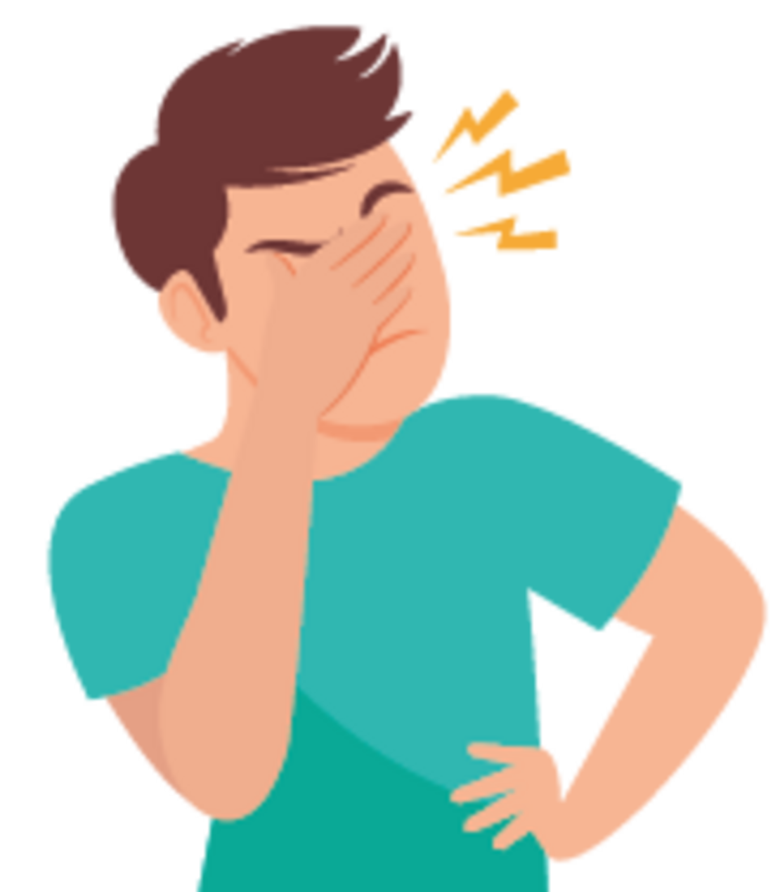 Illustration einer Person mit kurzen braunen Haaren, die ihr Gesicht in einer Hand hält, mit geschlossenen Augen und gelben Linien in der Nähe ihres Kopfes, die Schmerz oder Frustration anzeigen.