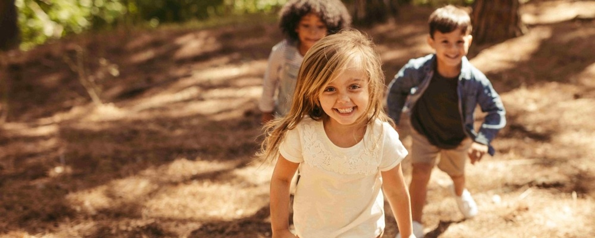 Drei kleine Kinder, die lächelnd einen sonnenbeschienenen, bewaldeten Hügel hinauflaufen, der mit trockenen Tannennadeln bedeckt ist, mit Bäumen und gedämpftem Sonnenlicht im Hintergrund.