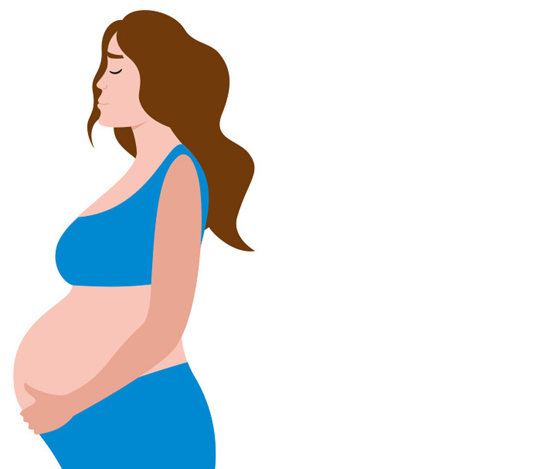Illustration einer schwangeren Frau mit langen braunen Haaren, die ein blaues Oberteil und einen Rock trägt, ihren Bauch hält und im Profil vor einem weißen Hintergrund steht.