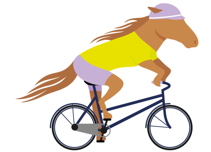 Ein Cartoon-Pferd mit gelbem Hemd, lila Shorts und passender Mütze fährt auf einem Fahrrad.