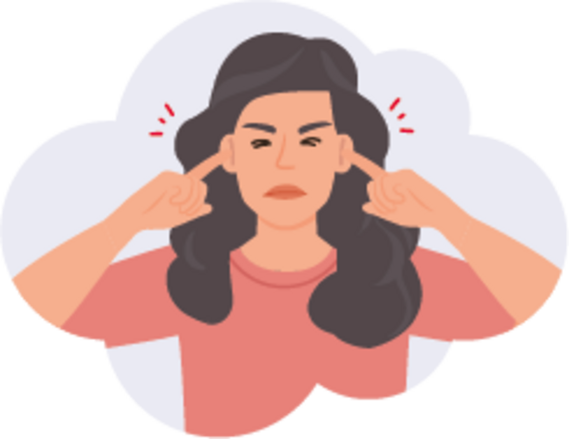 Illustration einer Frau mit langen dunklen Haaren und ernster Miene, die ihre Zeigefinger in die Ohren presst, mit roten Linien in der Nähe der Ohren, um Frustration oder Verärgerung anzuzeigen.
