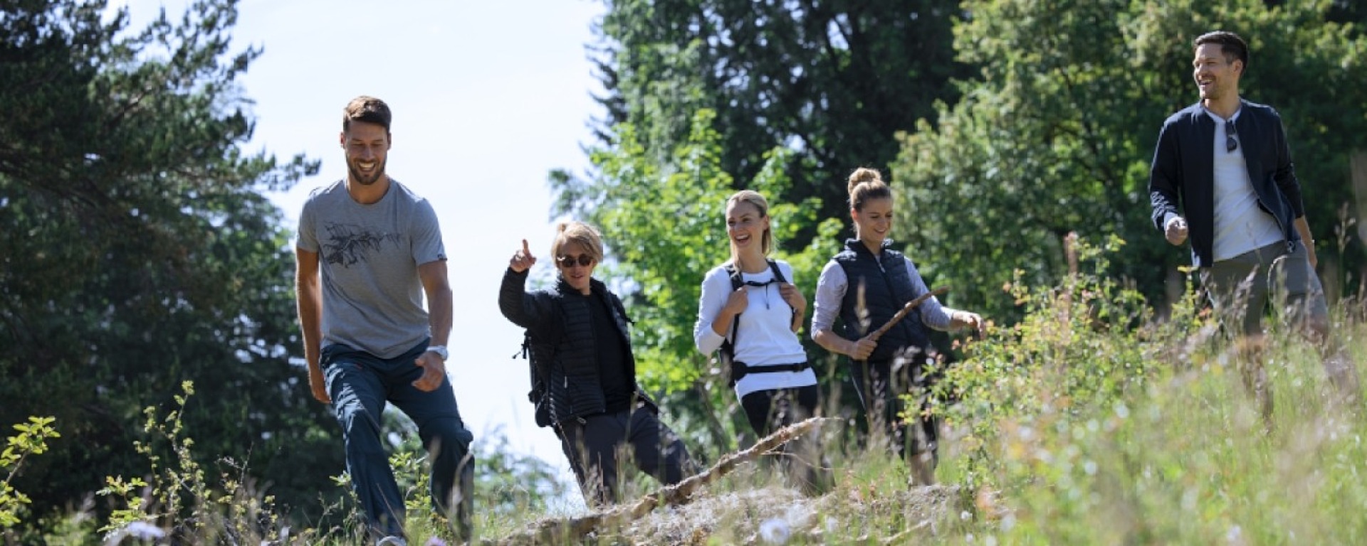 Fünf Personen gehen gemeinsam auf einem grasbewachsenen, sonnenbeschienenen Hügel, umgeben von Bäumen, spazieren. Eine Person zeigt mit dem Daumen nach oben, während die Gruppe lächelt und sich unterhält.