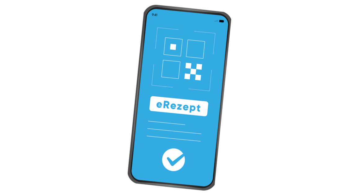 Ein Smartphone mit einem blauen Bildschirm mit geometrischen QR-Code-ähnlichen Mustern, dem Wort "eRezept" in einem weißen Feld und einem großen Häkchen am unteren Rand, das auf eine App für elektronische Rezepte hinweist.