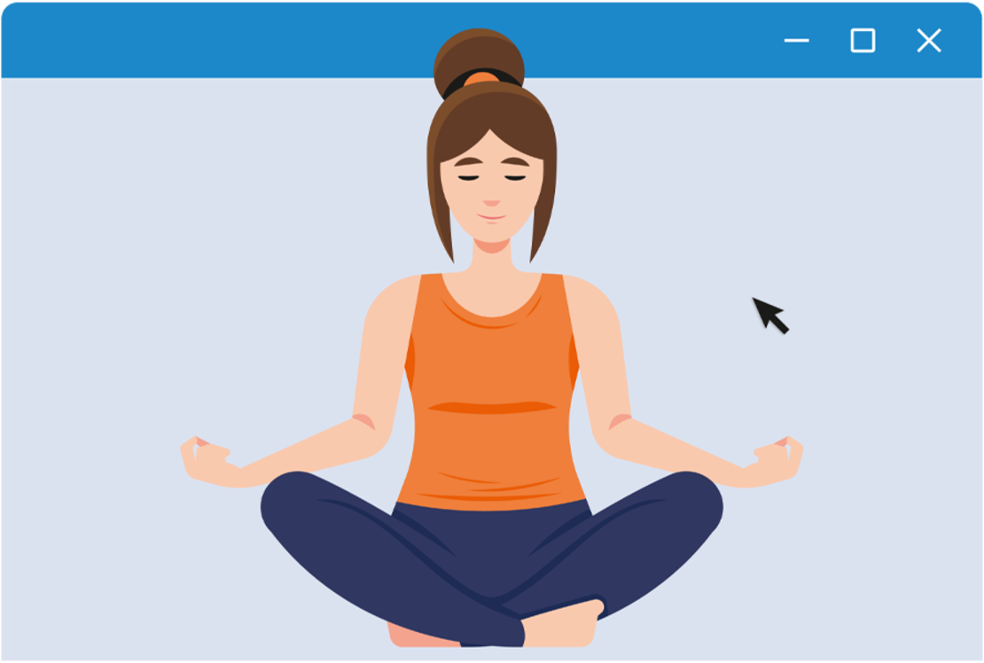 Illustration einer Frau mit braunen Haaren in einem Dutt, die ein orangefarbenes Tank-Top und eine marineblaue Hose trägt und im Schneidersitz mit geschlossenen Augen in einer meditativen Haltung in einem Webbrowser-Fenster sitzt.