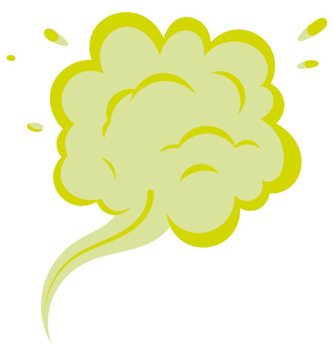 Eine grünlich-gelbe Wolke im Cartoon-Stil mit einem gewellten Schweif und kleinen Tröpfchen, die eine Gaswolke oder einen Pups darstellen, auf weißem Hintergrund.