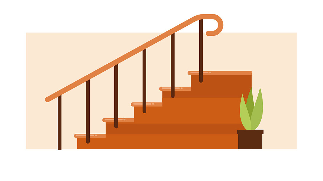 Illustration einer braunen Treppe mit orangefarbenem Handlauf, fünf Stufen, schwarzen Geländerstäben und einer grünen Topfpflanze unten rechts vor einem hellbeigen Hintergrund.