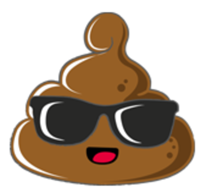 Ein Cartoon-Kack-Emoji mit einer Wirbelform, einer schwarzen Sonnenbrille und einem roten Lächeln auf weißem Hintergrund.