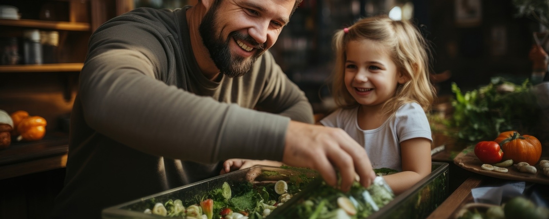 Ein Mann und ein Kind lächeln, während sie gemeinsam in einer Küche einen Salat zubereiten. Frisches Gemüse liegt auf dem Tisch.