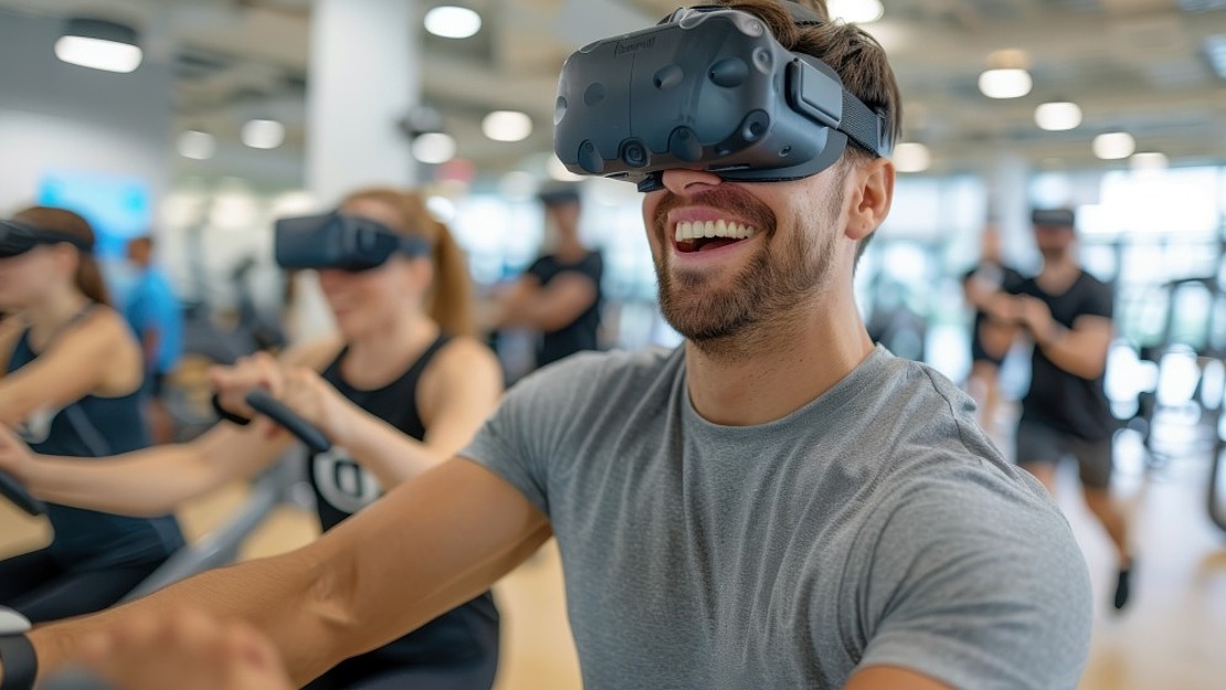 Ein lächelnder Mann in einem grauen Shirt nutzt ein Virtual-Reality-Headset, während er in einem Fitnessstudio trainiert. Andere Personen im Hintergrund tragen ebenfalls VR-Headsets. Die Umgebung ist gut beleuchtet und modern.