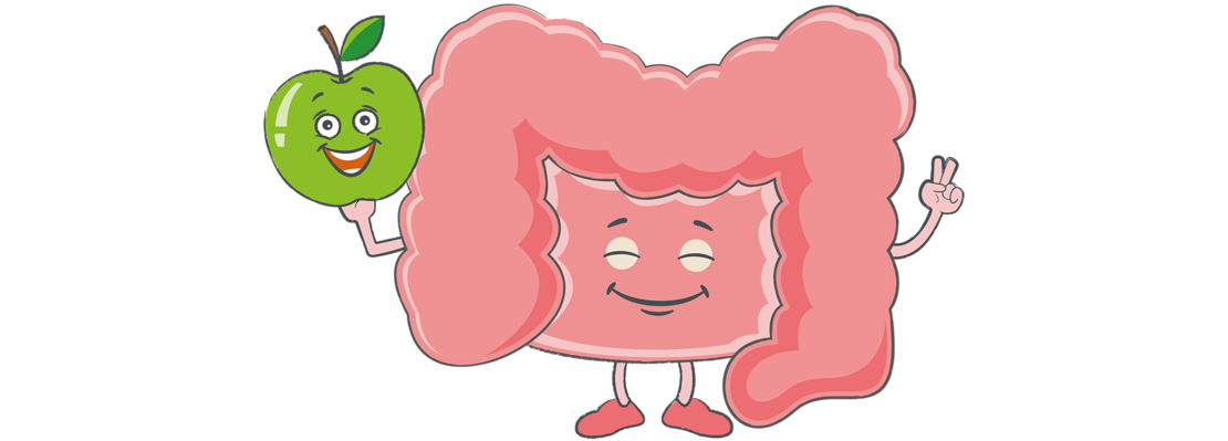 Cartoon eines lächelnden Dickdarms mit Augen und Armen, der einen glücklichen grünen Apfel in einer Hand hält und mit der anderen ein Friedenszeichen macht.