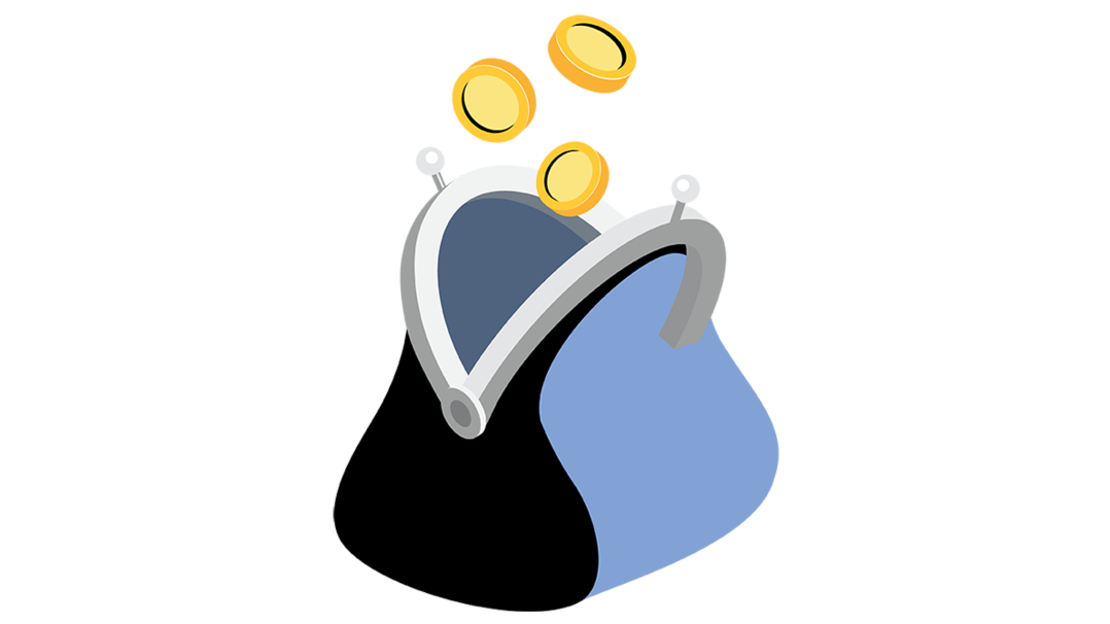 Illustration von drei Goldmünzen, die in ein offenes schwarzes Portemonnaie mit einem silbernen Verschluss fallen, vor einem einfachen Hintergrund mit gelben, grauen, blauen und schwarzen Abschnitten.