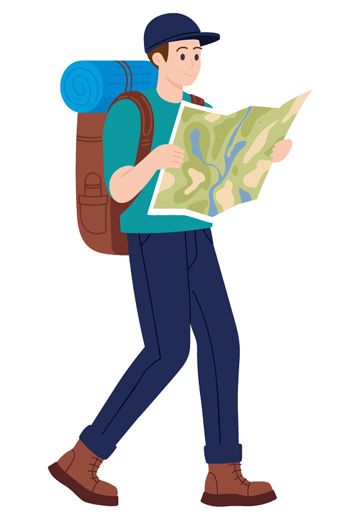 Abbildung einers Wanderers, der mit einem Rucksack und einer Isomatte ausgestattet ist und eine Landkarte in den Händen hält.