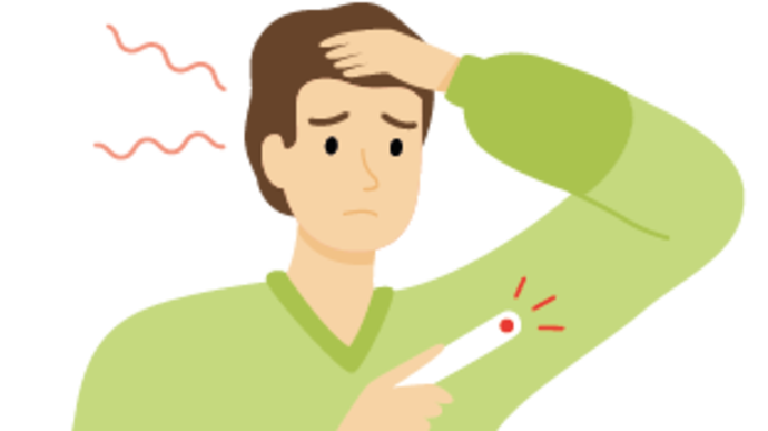 Illustration einer besorgten Person in einem grünen Pullover, die ein Thermometer in der Hand hält und ihre Temperatur überprüft, mit einer Hand auf der Stirn und Wellenlinien, die Unwohlsein oder Fieber anzeigen.