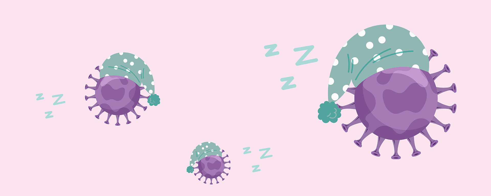 Drei lilafarbene Cartoon-Viren mit grünen gepunkteten Schlafmützen schweben auf einem hellrosa Hintergrund und zeigen mit ihren "Z"-Symbolen an, dass sie schlafen.
