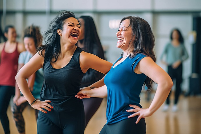 Zwei Frauen in Sportkleidung lachen und tanzen zusammen in einem hellen, geräumigen Studio, während sich im Hintergrund auch andere Menschen an den Aktivitäten beteiligen und so eine lebendige und fröhliche Atmosphäre schaffen.