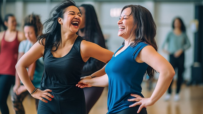 Zwei Frauen in Sportkleidung lachen und tanzen zusammen in einem hellen, geräumigen Studio, während sich im Hintergrund auch andere Menschen an den Aktivitäten beteiligen und so eine lebendige und fröhliche Atmosphäre schaffen.