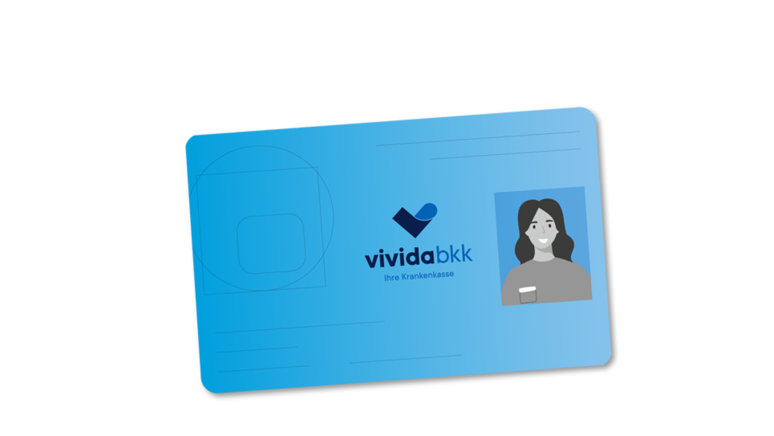 Eine blaue Versicherungskarte mit dem "vivida bkk"-Logo, abstrakten Designelementen und einer kleinen Illustration einer Frau auf der rechten Seite.