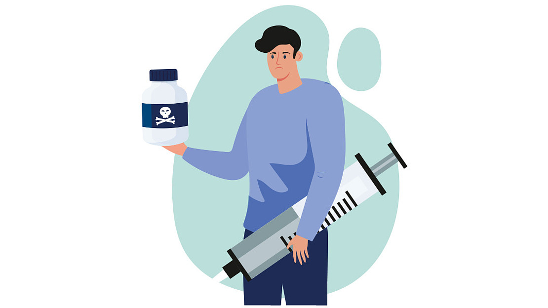 Illustration einer Person mit einer großen Spritze unter dem Arm und einer Flasche Gift in der Hand