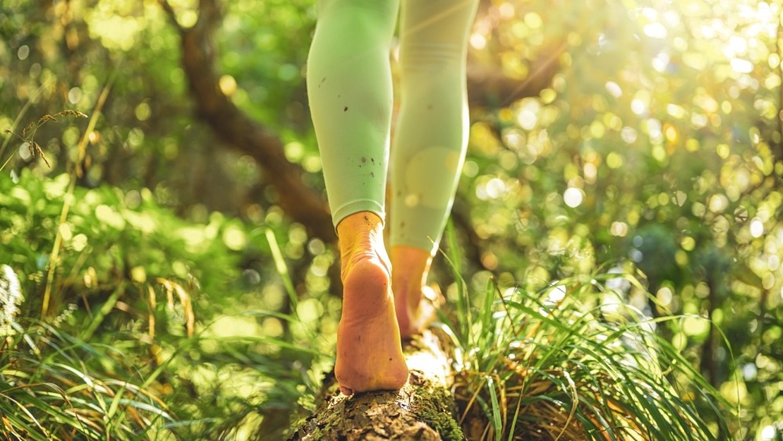 Eine Person mit nackten Füßen, die hellgrüne Leggings trägt, balanciert auf einem moosbewachsenen Baumstamm in einem sonnenbeschienenen Wald, umgeben von grünem Laub und Gras. Das Sonnenlicht fällt durch die Bäume und schafft eine friedliche Atmosphäre.