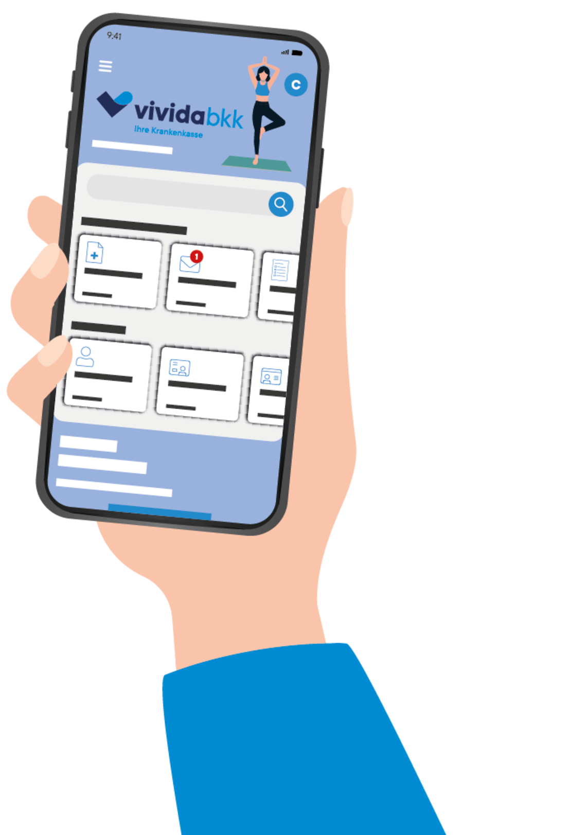 Illustration einer Hand, die ein Smartphone hält, auf dem die Website von Vivida bkk angezeigt wird, mit einem Logo, einer Frau, die Yoga macht, und mehreren Menüsymbolen und Abschnitten auf einem hellblauen Hintergrund.
